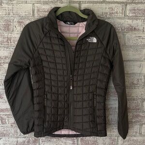 The North Face Girl’s Quilted Jacket in Dark Brown with Pink Lining